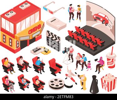 Isometric movie cinema set of isolated elements theater building audience seats and accessories of movie watchers vector illustration Stock Vector