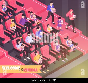 Isometric movie cinema composition background with indoor view of movie theater auditorium with chairs and audience vector illustration Stock Vector