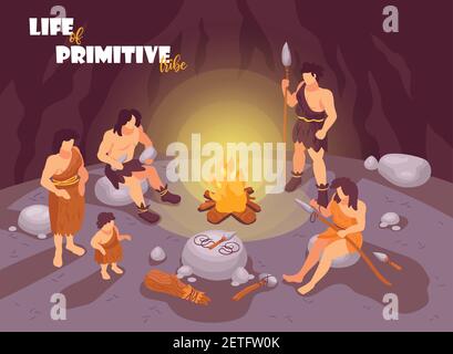 Isometric primitive people caveman composition with cave scenery bonfire and human characters of tribe family members vector illustration Stock Vector