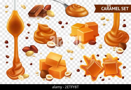 Realistic caramel chocolate nut icon set with different shapes taste and condition vector illustration Stock Vector