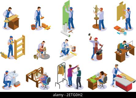 Craftsman isometric icons set with hand loom weaver carpenter sculptor tailor potter at work isolated vector illustration Stock Vector