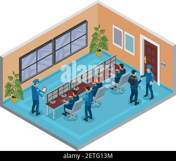Security systems isometric composition with cctv surveillance cameras monitoring and responding operators officers room interior vector illustration Stock Vector
