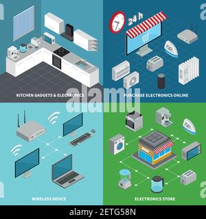 Consumer electronics 2x2 design concept set of kitchen gadgets wireless devices and online purchase square compositions isometric vector illustration Stock Vector