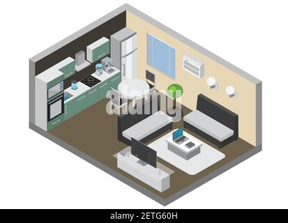 Home interior with consumer electronics so as kitchen gadgets wireless pc and tv devices conditioner and refrigerator isometric vector illustration Stock Vector