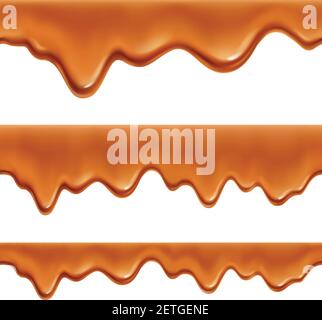 Melted caramel toffee sweet coating saus 3 realistic appetizing decorative border seamless patterns set isolated vector illustration Stock Vector