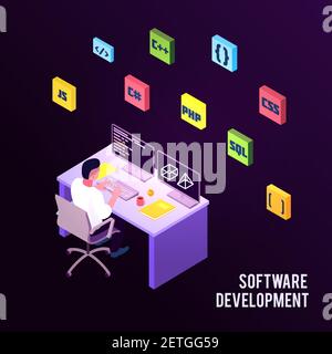 Colored isometric programmers composition with software development description and man sit on work vector illustration Stock Vector