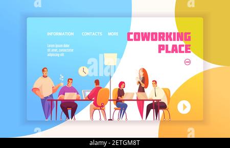 Coworking place landing page concept for website with coworkers in shared working environment and contact information about firm flat vector illustrat Stock Vector