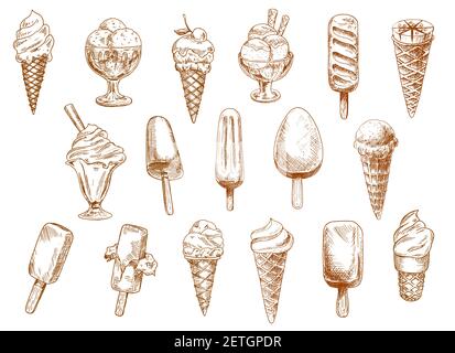 Sundae, gelato and sorbet popsicle ice cream sketch set. Ice cream in waffle cone, sundae balls in glass bowl and frozen juice on wooden stick isolate Stock Vector