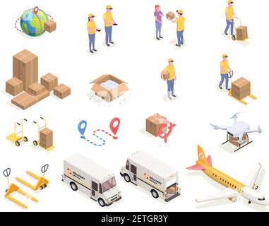 Delivery logistics shipment isometric icons set with isolated images of cardboard boxes and people in uniform vector illustration Stock Vector