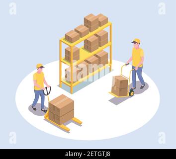 Delivery logistics shipment isometric composition with faceless human characters of two male workers and parcel rack vector illustration Stock Vector