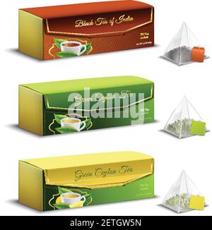 Green black indian and ceylon tea pyramid bags packaging boxes realistic set advertising sale isolated vector illustration Stock Vector