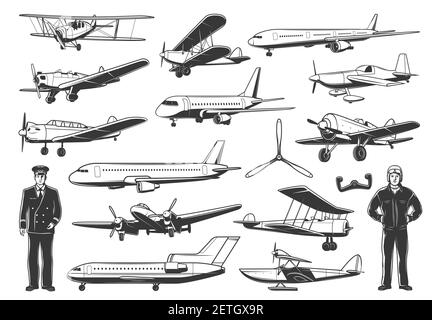 Modern and vintage airplanes, civil and military pilot characters. Passenger airliner, business jet and training aircraft, army retro propeller monopl Stock Vector