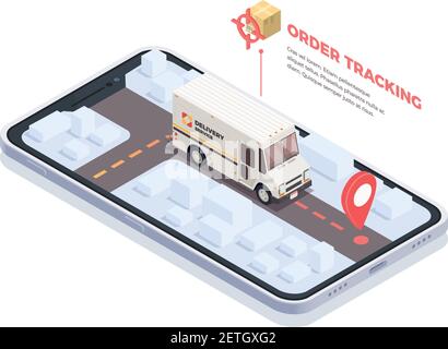 Delivery logistics shipment isometric conceptual composition with smartphone screen and delivery truck with parcels and text vector illustration Stock Vector