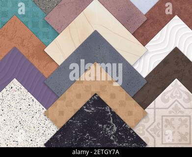 Colored realistic ceramic floor tiles horizontal set with squares of different types and styles of tiles vector illustration Stock Vector