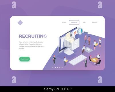Recruitment isometric web landing page design background with conceptual images editable text clickable links and buttons vector illustration Stock Vector