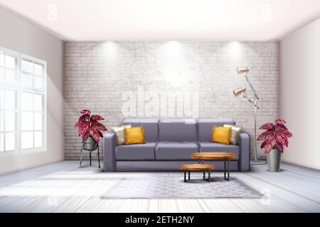 Spacious room interior with sofa floor lamps and decorative purplish tones colored leaves plants realistic vector illustration Stock Vector