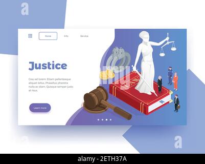 Law justice isometric website page design background with learn more button clickable links images and text vector illustration Stock Vector