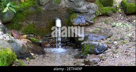 Spring in the village flowing into the river Stock Photo