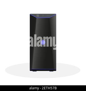 Modern computer system unit in black with a large power button, operation indicators and USB ports on the front panel. Flat vector illustration Stock Vector
