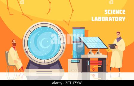 Experimenting scientists in laboratory near large centrifuge with liquid for chemistry or  biotechnology equipments flat vector illustration Stock Vector