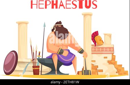 Greek gods cartoon composition with  powerful figurine of hephaestus sitting on anvil and holding hammer flat vector illustration Stock Vector
