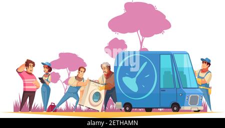 Flat composition with plumbers transporting washing machine to service center for repair  cartoon vector illustration Stock Vector