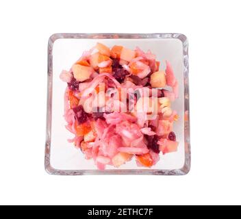 Russian beetroot salad in a square glass bowl. Isolated on a white background. Stock Photo