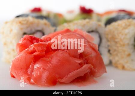 Hot pickled ginger for sushi rolls. Macro. Photo can be used as a whole background. Stock Photo