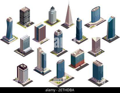 City skyscrapers isometric set of isolated images with outdoor looks of modern buildings on blank background vector illustration Stock Vector