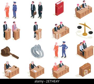 Law justice isometric icons collection of sixteen isolated images with human characters during sitting of court vector illustration Stock Vector