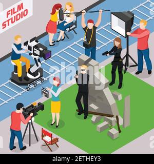Film studio isometric composition with actors videographers sound engineer and illuminator during movie making vector illustration Stock Vector