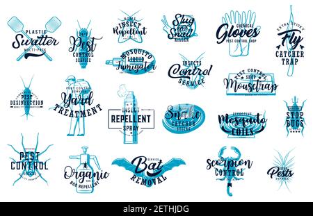 Deratization and home disinfection engraved icons. Pest control service, insects repellent and mosquito fumigator, rodent and scorpion removal, home a Stock Vector