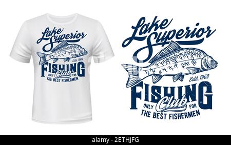 Fishing club t-shirt vector print mockup. Mirror carp, angling catch engraved illustration and retro typography. Fisher or angler apparel print design Stock Vector