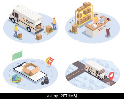 Delivery logistics shipment set of four isometric images with colourful icons pictograms human characters and cars vector illustration Stock Vector