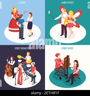 Street artists isometric design concept portrait painting living statues performance of orchestra and florist isolated vector illustration Stock Vector
