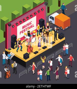 Musicians during performance on scene of music festival and dancing visitors isometric composition vector illustration Stock Vector