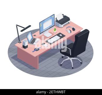 Modern devices isometric composition with view of modern workspace with big table and consumer electronics computers vector illustration Stock Vector