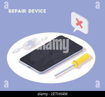 Modern devices isometric background composition with view of smartphone with broken screen and instruments with text vector illustration Stock Vector