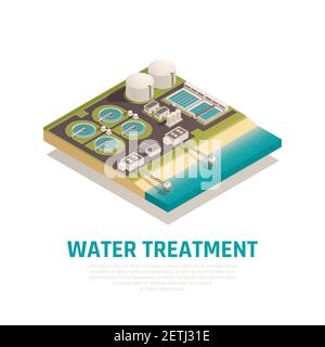 Advanced water treatment plant isometric composition with settling basins filtration separation oxidation wastewater purification facilities vector il Stock Vector