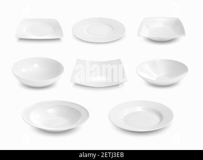 White plates, 3d vector ceramic dishes. Realistic empty soup and shallow bowls of round and square shapes for liquid and solid food. Tableware cutlery Stock Vector