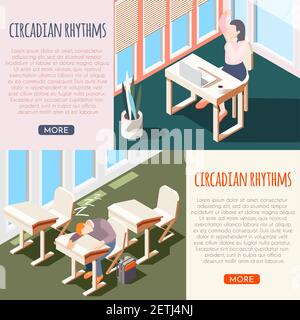 Human circadian rhythms isometric banner set with sleeping peoples and buttons more vector illustration Stock Vector