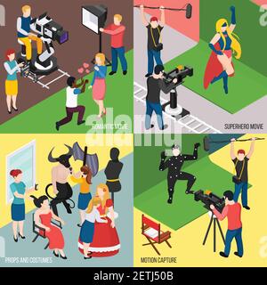 Super hero and romantic movies motion capture cinema props and costumes isometric design concept isolated vector illustration Stock Vector