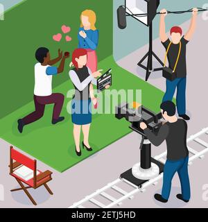 Actors operator sound engineer and assistant director during making of romantic movie isometric composition vector illustration Stock Vector