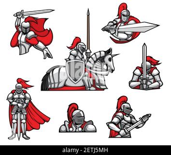 Medieval knights warrior mascots, heraldry characters vector. Knight in armor, red cape and helmet with ponytail, swinging with two side sword, riding Stock Vector