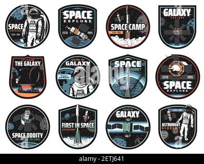 Galaxy, space, astronaut and rocket vector icons with glitch effect. Cosmos explore shuttles expedition, Satellite in outer space, rover on red planet Stock Vector