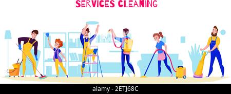 Cleaning service professional duties offer flat horizontal composition with floor washing polishing vacuuming shelves dusting vector illustration Stock Vector