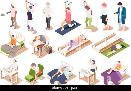 Human circadian rhythms isometric icon set with fatigue lack of sleep drowsiness vector illustration Stock Vector