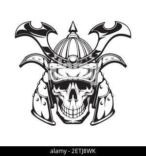 Samurai warrior skull tattoo or Japanese mask and Japan ninja in helmet, vector icon. Japanese samurai warrior skull head with ronin armor sword, kami Stock Vector
