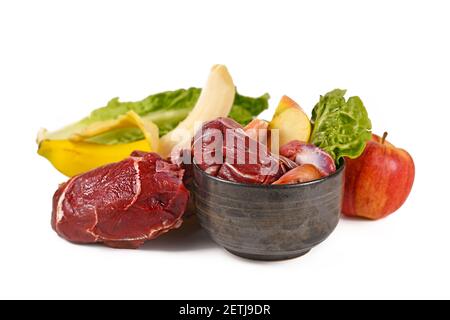 Dog bowl filled with biologically appropriate raw food containing meat chunks, fruits and vegetables surrounded by ingredients on white background Stock Photo