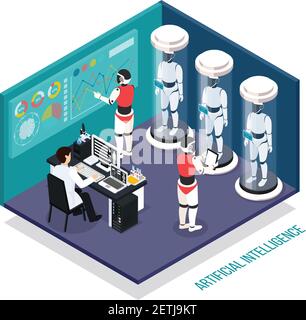 Scientist near computer during testing of robots droids in laboratory  isometric composition vector illustration Stock Vector
